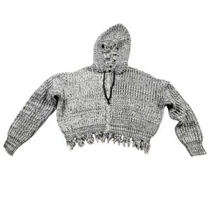 Day & Night Black and White Chunky Knit Cropped Hoodie Distressed Hem Womens L